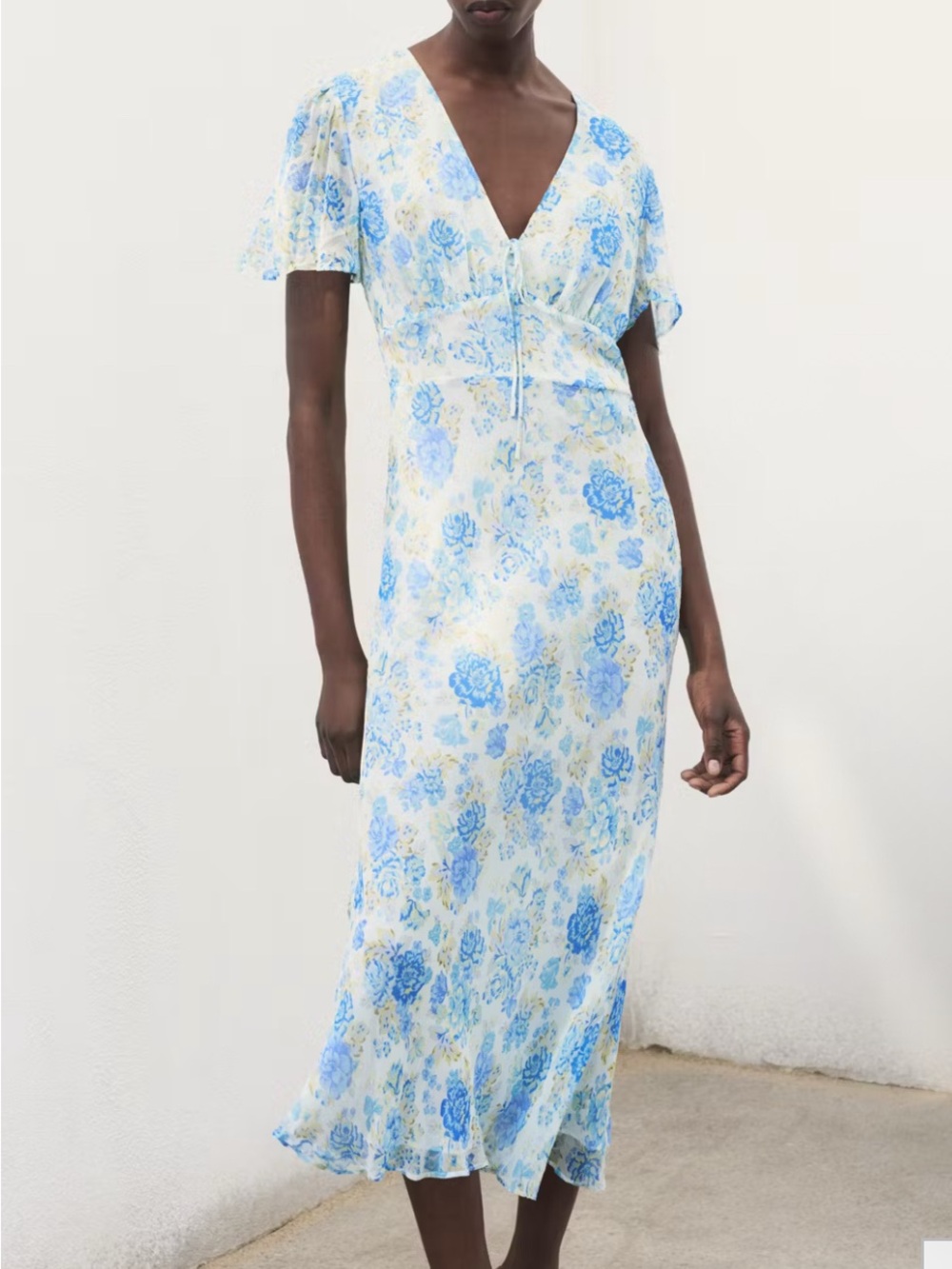 Mango Blue and White Floral V-Neck Midi Dress